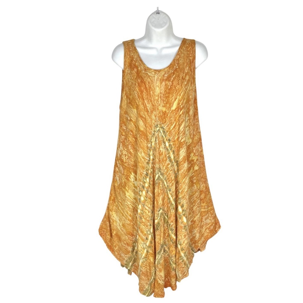 Jessica Taylor Boho Tie Dye Rayon Dress Gold Flowy Midi Tank OSFA